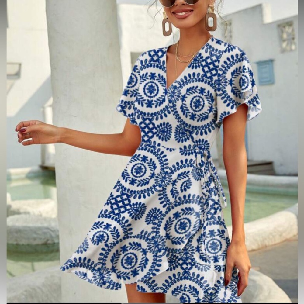 Blue and White Patterned Wrap Dress